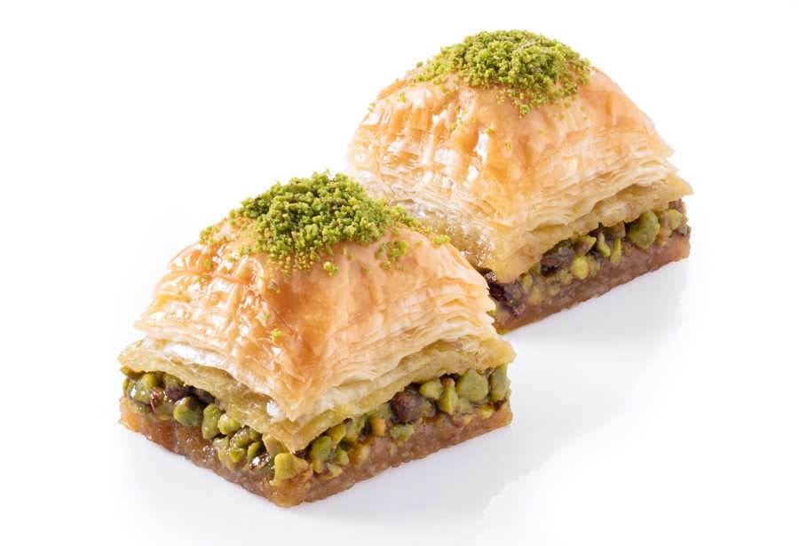 Fresh Square Baklava with Pistachio on Tray
