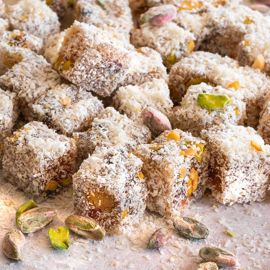 Coconut Coated Turkish Delight with Extra Pistachio - TurkishTaste.com